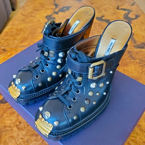 NWT MIU MIU by PRADA Studded Black Leather Mules - Picture 4 of 11